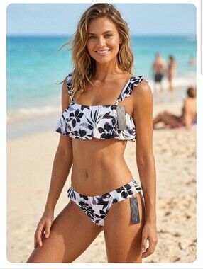 NWT Aqua Couture 2Pc Ruffle Bikini Set White Black Floral - Top Med Bottom Small